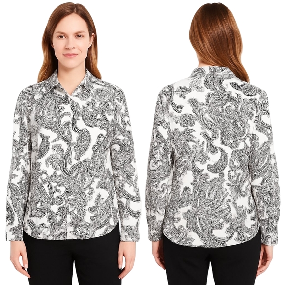 Talbots Tops - TALBOTS Blouse Womens Size 14 Black White Paisley Stretch Cotton Sateen Career